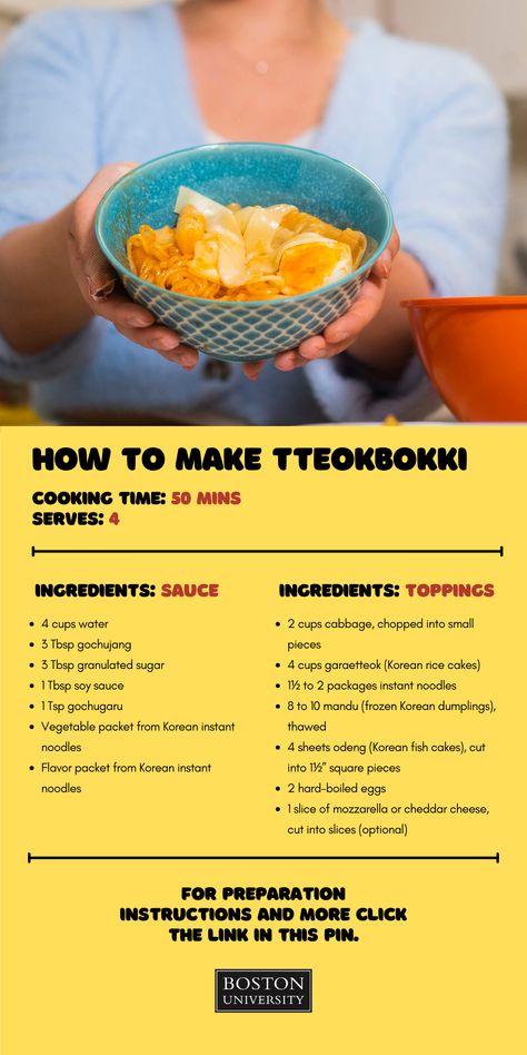 Learn how to prepare tteokbokki a popular Korean street food with this easy to follow recipe from Sophie Lee (Questrom’22). Korean Fish Cake, Korean Instant Noodles, Tteokbokki Recipe, Korean Dumplings, Korean Rice Cake, Korean Rice, Black Bean Sauce, Spicy Korean, Korean Street Food