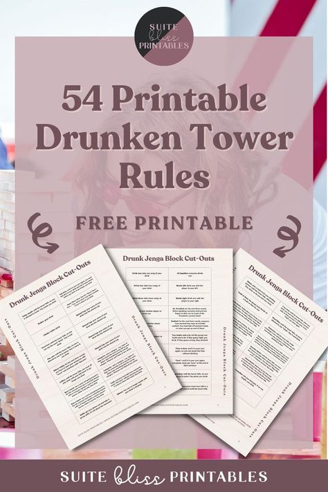 Drunk Jenga Rules For Drinking Games, Drinking Game Rules Ideas, Jenga Drinking Game Diy Funny, Tipsy Tower Jenga, Printable Drinking Games, Giant Jenga Drinking Game, Drunk Jenga Ideas Dirty, Bachelorette Jenga, Dirty Jenga Ideas