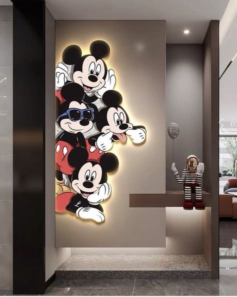 Mickey Mouse Wall Art, Mickey Bathroom, Mickey Mouse Bedroom, Stylish Bedroom Ideas, Art Decor Ideas, Disney Bathroom, Cartoon Accessories, Casa Disney, Beauty Room Vanity