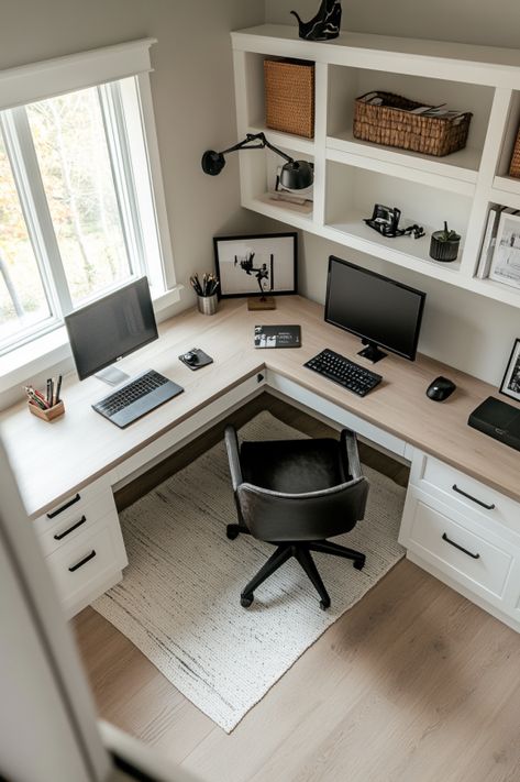 L Shaped Desk Layout Modern Executive Desk L Shape, Small Office With Corner Desk, Work And Gaming Desk Setup, L Shaped Desk Office Ideas, Corner Desk Office Layout, L Shaped Built In Desk, L Shaped Desk Layout, L-shaped Desk, Couple Office Ideas