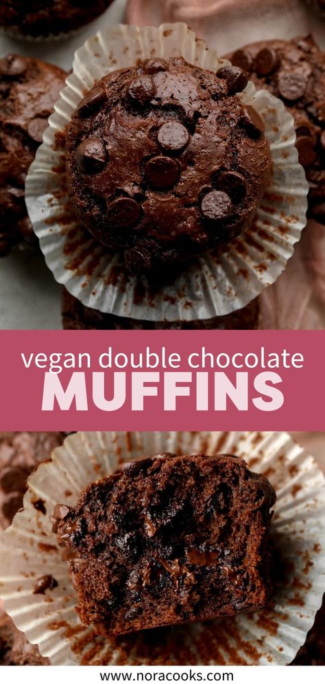 Vegan Chocolate Muffins are easy to make in one bowl and are full of chocolatey goodness! They are incredibly moist, rich and loaded with melty chocolate chips. Vegan Chocolate Muffins, Vegan Chocolate Chip Muffins, Gluten Free Chocolate Muffins, Muffin Vegan, Nora Cooks, Double Chocolate Chip Muffins, Vegan Breads, Double Chocolate Muffins, Vegan Muffins