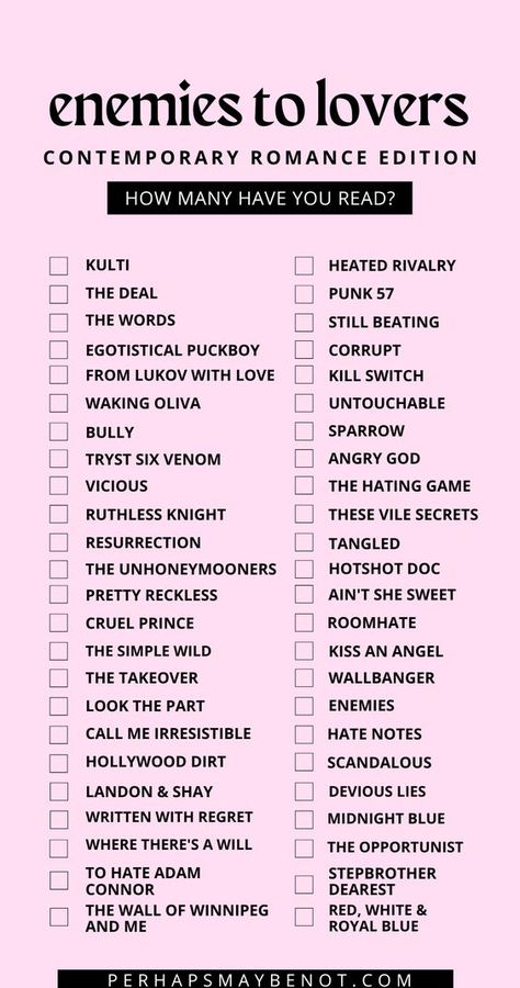 Enemies-to-Lovers Book Challenge: How many of these contemporary enemies-to-lovers romance books have you read? #books #bookstoread #romance #romancebooks #bookchallenge Enemies To Lovers Recommendations, Enemy To Lovers Movies List, Booktok Enemies To Lovers, Enemies To Lovers Tv Shows, Enemies To Lovers Title Ideas, Romance Book Checklist, Nicknames For Enemies To Lovers, Enemies To Lovers Movies To Watch, Enemies To Lovers Books Spicy