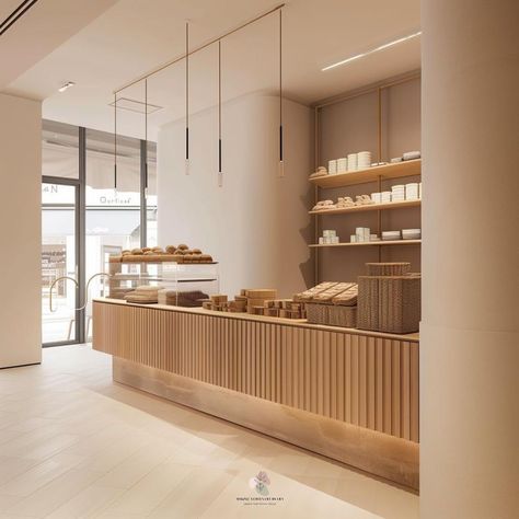 “Minimal Warmth” This Japandi-style bakery/café merges the simplicity of Scandinavian minimalism with the organic warmth of Japanese design. The light wood tones, natural textures, and clean lines create an airy and calming space. The slatted wood counter provides structure while the open shelving adds functionality, showcasing neatly arranged products. Soft lighting from modern pendant fixtures enhances the cozy ambiance, and the large windows invite natural light, making the space feel ope... Japanese Coffee Shop Design, Japandi Cafe, Neutral Salon, Scandinavian Cafe, Japanese Coffee Shop, Wooden Cafe, Modern Coffee Shop, Cafe Bakery, Modern Cafe