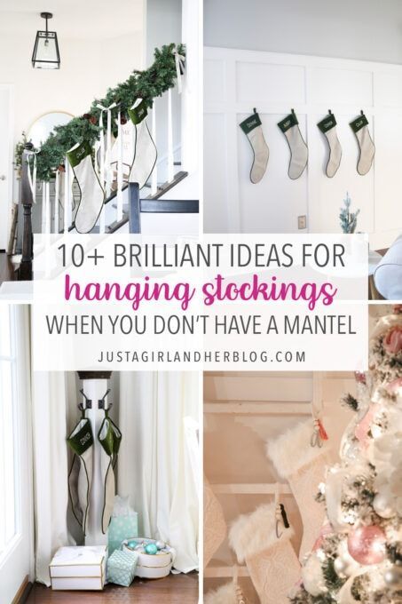 Learn where to hang stockings without a mantel-- beautiful and functional ideas for Christmas stockings, even if you don't have a fireplace! Stockings On Staircase, Christmas Stocking Stand, Stocking Stand, Hanging Christmas Stockings, Fireplace Stockings, Christmas Colour Schemes, Beautiful Christmas Scenes, Embroidered Stockings, Hanging Stockings