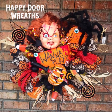 Chucky Halloween Decor by Happy Door Wreaths Chucky Wreath, Chucky Halloween, Halloween Decor, Door Wreaths, Halloween Wreath, Halloween Decorations, Wreath, Halloween