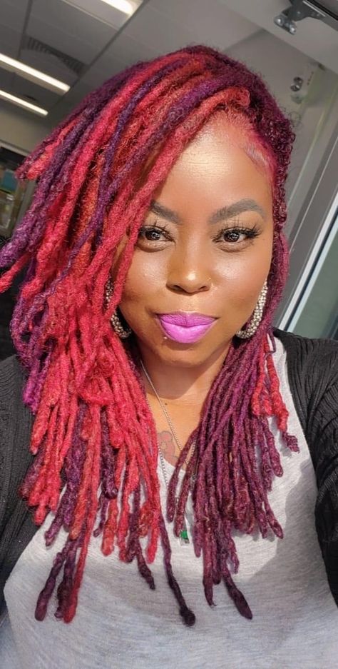 Purple And Red Locs Black Women, Loc Colored Tips, Lock Color Hair, Dread Colors Black Women, Two Color Locs Black Women, Multi Color Locs Black Women, Magenta Locs Black Women, Red And Blonde Locs Black Women, Two Tone Locs Black Women