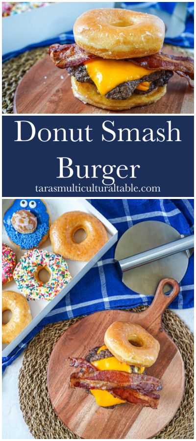 Donut Smash Burger on a wooden board with a box of doughnuts in the background. Cheeseburger Recipes Homemade, Homemade Burger Recipe, Smash Burger Recipe, Easy Burger Recipe, Smash Burgers, Breakfast Slider, Cheeseburger Recipe, Burger Toppings, Glazed Donut