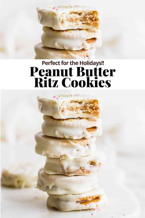 Ritz Cookies - a classic, easy no-bake ritz cookie recipe that is so delicious! Covered in white chocolate and topped with sprinkles! #ritzcookies Peanut Butter Ritz Crackers Dipped In White Chocolate, White Chocolate Peanut Butter Ritz Crackers, White Chocolate Ritz Crackers, White Chocolate Covered Ritz Crackers, White Chocolate Peanut Butter Ritz, White Chocolate Covered Peanut Butter Ritz Crackers, White Chocolate Ritz Peanut Butter, Ritz Peanut Butter White Chocolate, Ritz Christmas Cookies