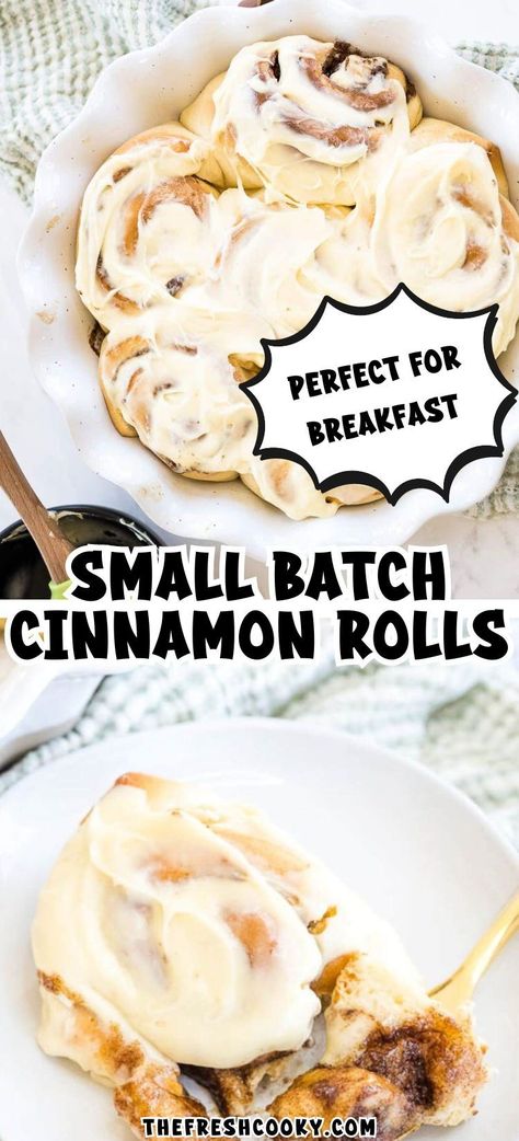 Whip up a batch of bliss with our Small Batch Cinnamon Rolls! Six soft, fluffy treats oozing with cinnamon goodness and topped with cream cheese frosting. Perfect for breakfast or dessert, in just a few simple steps! Small Batch Cinnamon Rolls, Cinnamon Rolls With Cream Cheese, Cinnamon Rolls With Cream, Mini Cinnamon Rolls, Fluffy Cinnamon Rolls, Small Batch Baking, Cinnamon Rolls Easy, Sweet Treats Recipes, Cinnamon Rolls Homemade