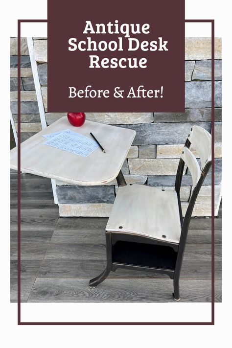 This old school desk that came from my mom's elementary school was in rough shape after many years of use. It was so bad that it wasn't safe for my granddaughter to play with it as it was. Rather than keep it packed away, I gave it a makeover to cover the rust and smooth the sharp edges of broken veneer. Visit the post to see how I rescued it. ���🍎 📚 Vintage School Desk Makeover, School Desk Redo, School Desk Makeover, Old School Desk, Antique School Desk, Desk Redo, Old School Desks, Vintage School Desk, Dixie Belle Paint Company