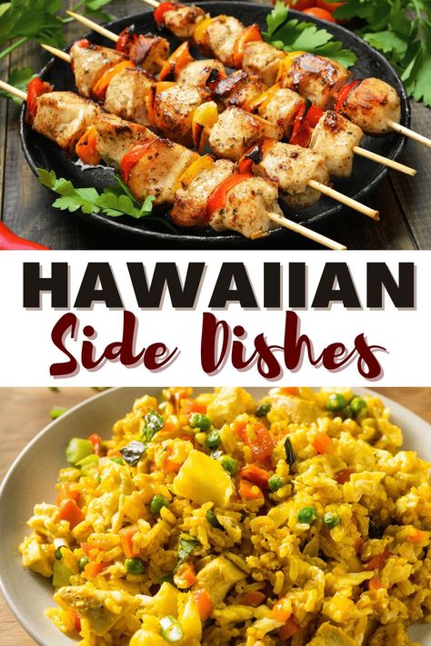 Recipes From Hawaii Food, Luau Party Menu Ideas, Luau Vegetables, Sides For Hawaiian Chicken, Hawaiian Food Ideas Parties, Vegetarian Hawaiian Food, Luau Food Ideas Hawaiian, Luau Party Food For A Crowd, Hawaii Food Ideas