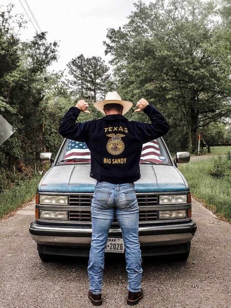 Senior Pic With Truck, Rodeo Portraits, Graduation Pictures With Truck, Male Senior Pictures With Truck, Truck Poses Men, Ffa Graduation Pictures, Senior Picture Ideas Ffa Jacket, Ffa Photoshoot, Ffa Gift Ideas