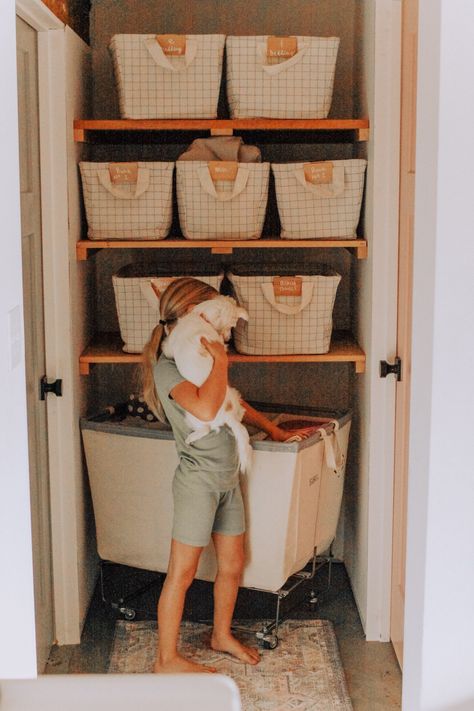 BASEMENT LINEN CLOSET AFTER - RAE ANN KELLY Linen Closet In Bedroom, Laundry Hamper Closet Ideas, Linen Closet Inspiration, Linen Closet Makeover Ideas, Open Linen Closet Hallway, Narrow Linen Closet, Deep Linen Closet, Built In Linen Closet, Diy Linen Closet