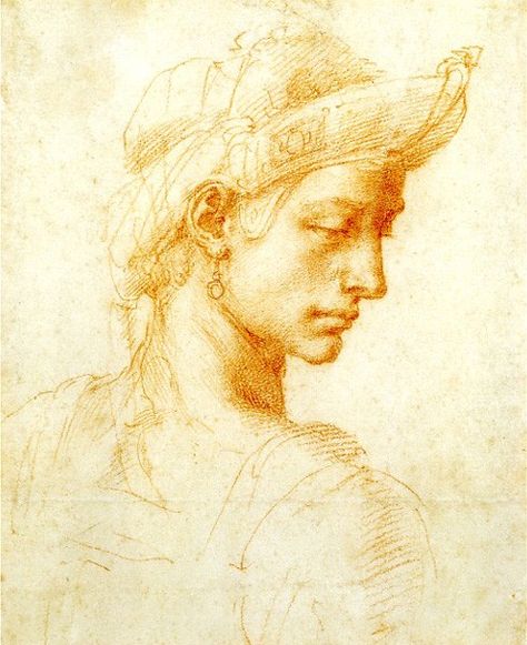 Head of a Young Man (?) by Michelangelo, ca. 1516, red chalk, 8 x 6 1/2. Collection Ashmolean Museum, Oxford, England. “This drawing suggests the influence of Leonardo,” says Rubenstein. “It’s more tonal and delicate than many of his other drawings.” Drawing Of A Woman, Print Drawing, Master Drawing, Old Master, Painting Edges, Western Art, Life Drawing, Portrait Drawing, Figure Drawing