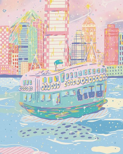 Hong Kong Print, The World Is Beautiful, Star Ferry, Hong Kong Art, Watercolor Projects, Travel Illustration, Ap Art, Vintage Poster Art, Old Paintings