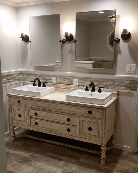 Repurposed buffet! Love Love Love our new master bath! Buffet To Vanity Bathroom, Repurposed Dresser Bathroom Vanity, Repurposed Buffet, 2 Sink Vanity, Lofted Cabin, Dresser Vanity Bathroom, Bathroom Things, Glass House Design, Repurposed Dresser