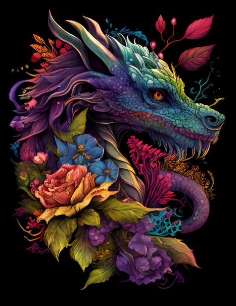 Dragon Tattoo Colorful, Dragon And Sunflower Tattoo, Jade Dragon Art, Dragon Made Of Flowers, Dragon Abstract Art, Flower Dragon Drawing, Flower Dragon Art, Earth Dragon Art, Flower Dragon Tattoo