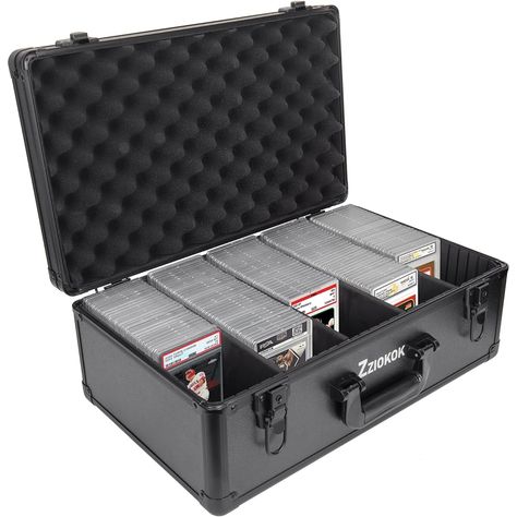 【Suitable for】This trading card box storage is suitable for PSA, BGS, SGC graded cards. It can store sleeved cards, top loaders, Pokemon cards, baseball cards, basketball cards, football cards, Cards Against Humanity, 2000 Yu-Gi-Oh cards, UNO, Phrase 10, Magic the Gathering, playing cards and more. 【Storage】It can store up to 240 graded cards, 2500+ playing cards. Exterior Dimensions: 13.4 x 19.3 x 7.9 inches. Interior Dimensions - 5 slots of 3.5 x 10 inches. 【Quality】Designed with stylish black aluminum frame and unique black ABS panels and lightweight easy to carry handle. The new trading case storage case has a fully cut EVA foam interior to hold all your valuable cards. 【Safety】Each sports card storage case has two locks with spare keys. Protect your investment and keep it safe. The in Baseball Cards Storage, Sports Cards Storage, Trading Card Storage Boxes, Sports Cards Collection, Trading Card Storage, Trading Card Box, Video Case, No Card, Card Display