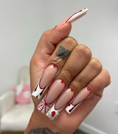 By @nailedbyyellie White Tip Acrylic Nails, Blood Nails, Acrylic Nails Almond Shape, Blood Drip, Halloween Acrylic Nails, Long Acrylic Nail Designs, Drip Nails, Pretty Nail Art Designs, Almond Acrylic Nails