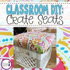 Crate stools: the perfect combination of extra seating and much needed storage. This easy DIY project will brighten up your classroom décor and aid your classroom organization. Crate Seats Classroom, Classroom Library Seating, Crate Seating, Crate Stools, Library Seating, Crate Seats, Classroom Diy, Alternative Seating, Classroom Seating