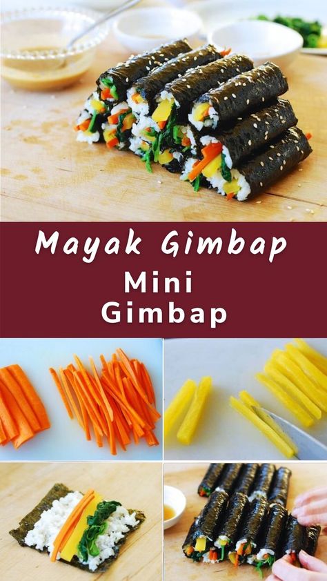 Mini Gimbap (Mayak Gimbap) on a board. Gimbap Sauce Recipe, Kimbap Recipe Vegetarian, Easy Gimbap Recipe, Folded Gimbap Recipe, Kim Bap Recipe, Crab Kimbap, Korean Sushi Recipes, Korean Sushi Kimbap, Sanjeok Recipe