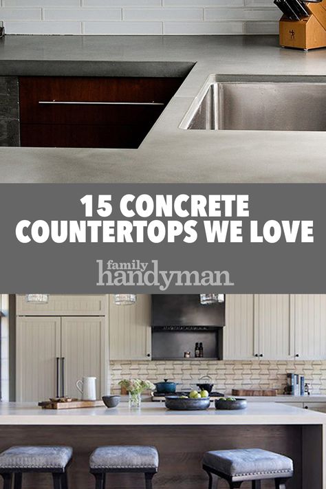 15 Concrete Countertops We Think are Really Cool Concrete Countertops Stained, Stained Concrete Countertops Kitchen, Dark Concrete Countertops, Unique Countertop Ideas, Cement Countertops Kitchen, Cheap Countertop Ideas, Kitchens With Concrete Countertops, Stained Concrete Countertops, Cement Countertops