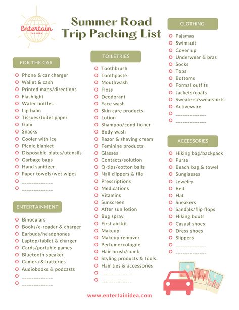 Summer Road Trip Printable Packing List — Entertain the Idea Weekend Road Trip, Packing Road Trip, Beach Road Trip Packing List, Weekend Road Trip Packing List, Roadtrip Packing List, Beach Packing List, Camping Trip Packing List, Beach Trip Packing List, Beach Trip Packing