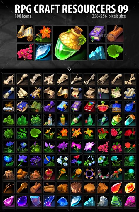 RPG Craft Resources 09 by a-ravlik | GraphicRiver Rpg Icons, Rpg Items, Resources Icon, Rpg Ideas, Props Art, Dungeons And Dragons Game, Game Interface, Pixel Art Design, Game Concept Art