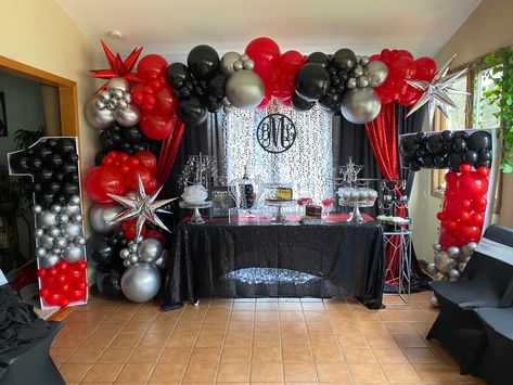 Black Silver Red Party Decor, Red Black And Silver Balloon Garland, Rockstar Balloon Garland, Red And Black Party Ideas For Men, Red And Black Themed Birthday Party, Red Black And Silver Party Decoration, Black And Red Birthday Party Decorations, Black And Silver Balloon Garland, Red And Black Birthday Theme