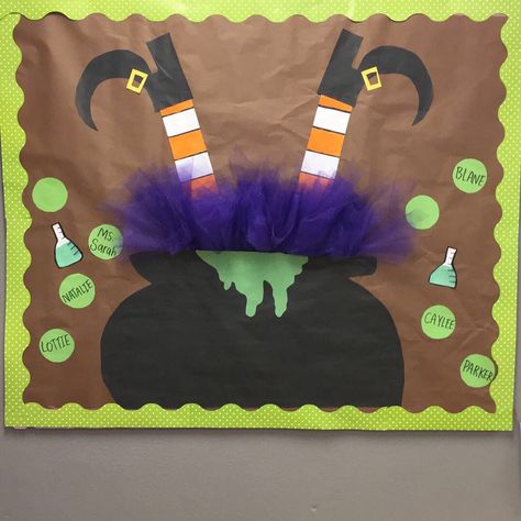 Halloween bulletin board. Witch in cauldron pot. Cauldron Bulletin Boards, Witch Bulletin Board Ideas, Easy Halloween Bulletin Boards, Halloween Preschool Board, Halloween Class Board, Halloween Classroom Decorations Bulletin Boards, Halloween Bulliten Boards, Halloween Bulletin Boards For Work, Halloween Themed Bulletin Boards