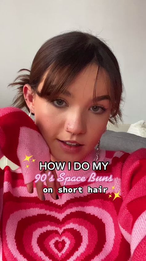 Spiky Space Buns Short Hair, How To Do Low Space Buns Short Hair, Short Hair Space Buns With Bangs, Short Hair Spiky Bun, Low Spiky Buns Tutorial, Spikey Space Buns Tutorial, Spiky Low Buns Short Hair, Low Space Buns Tutorial Short Hair, Spikey Bun Tutorial Short Hair