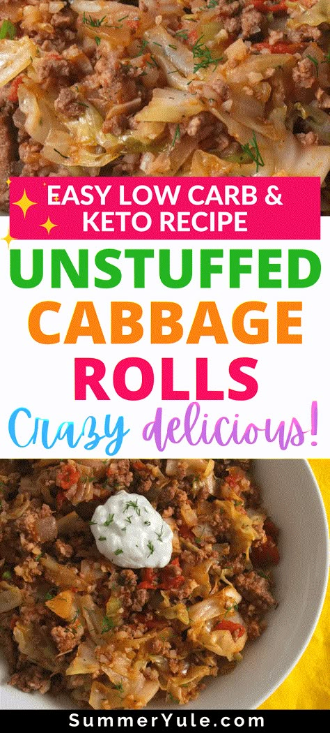 How do you make unrolled cabbage rolls? It’s easy! Try my low carb and keto unstuffed cabbage rolls recipe for an easy weeknight meal. This is the perfect recipe for when you want all of the flavors of a cabbage roll without all of the work! Make this one pot cabbage roll casserole with cauliflower rice for a keto diet meal. You’ll love this hearty and satisfying comfort food. #healthyrecipes #keto #lowcarb #glutenfree #cauliflowerrice #cabbagerolls #weightloss #lowcalorie Country Cabbage Rolls, Keto Cabbage Rolls Recipe, Low Carb Cabbage Recipes, Cabbage Rolls Recipe Easy, Unrolled Cabbage Rolls, Keto Stuffed Cabbage Rolls, Keto Cabbage Casserole, One Pot Cabbage, Keto Cabbage Recipes