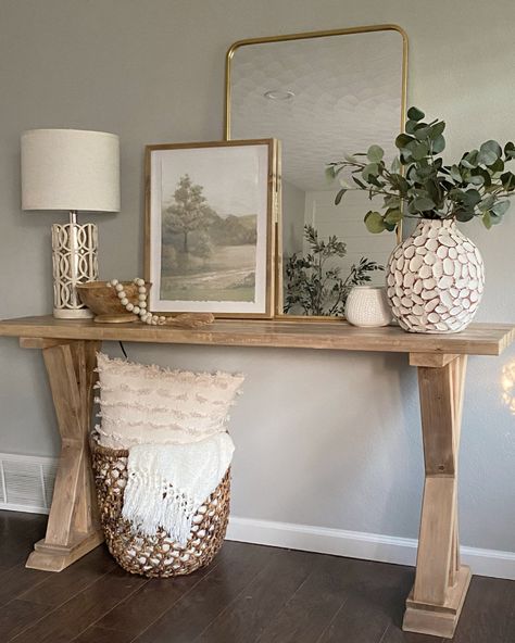 Living Room Entryway Table, Neutral Sofa Table, Light Oak Entry Table, Natural Entryway Decor, Upstairs Hallway Table Decor, Front Door Console Table, Large Entry Way Tables, Entryway Decor Coastal, Small Wooden Entry Table