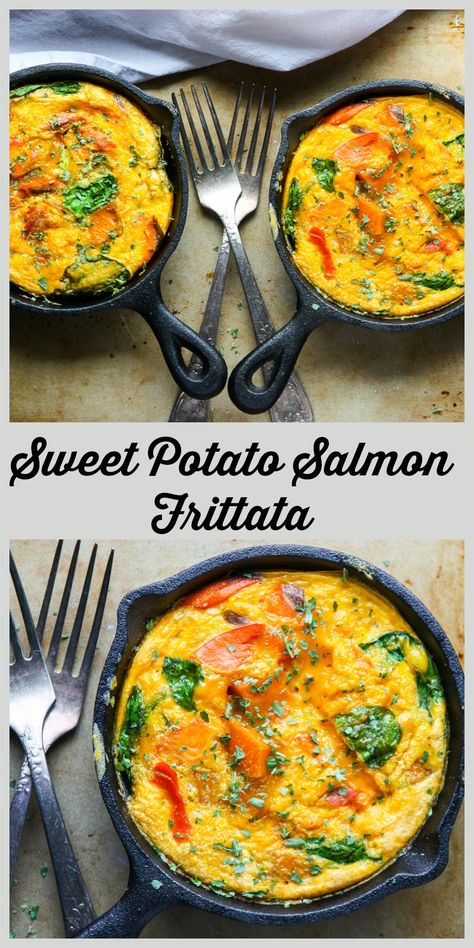 Frittata is the most versatile dish, great for breakfast, lunch, brunch, or a quick and easy, but delicious dinner. This one with sweet potato and salmon, along with fresh spinach and leeks, is perfectly yummy. Sweet Potato And Salmon, Sweet Potato Salmon, Potato Salmon, Salmon Frittata, Sweet Potato Frittata, Easy Frittata Recipe, Easy Frittata, Batch Recipes, Frittata Recipe