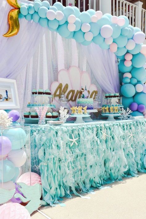 Mermaid Themed Dessert Table from a Mermaid Birthday Party on Kara's Party Ideas | KarasPartyIdeas.com (19) Mermaid Oreos, Birthday Party Decorations Ideas, Ocean Birthday Party, Mermaid Birthday Party Decorations, Mermaid Theme Birthday Party, 50th Birthday Party Decorations, Rosette Cake, Ocean Birthday, Mermaid Party Decorations