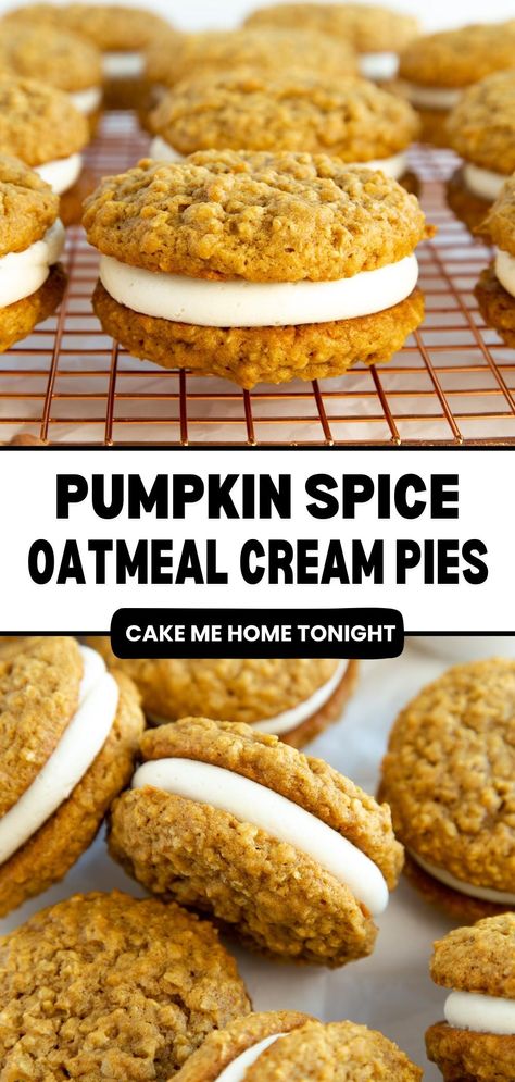 Pumpkin Cookies With Pie Filling, Pumpkin Oatmeal Cream Pie Cookies, Oatmeal Cream Pie Recipe, Oatmeal Cream Pie Cookies, Spice Oatmeal Cookies, Marshmallow Cream Filling, Summer Pies, Spice Oatmeal, Pumpkin Spice Oatmeal