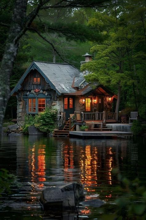 Dream House Aesthetic, Ffxiv Housing, Dream Backyard Pool, Forest Cottage, Cozy Cabins, Lake Houses, Lakeside Cabin, Natural Homes, American Houses