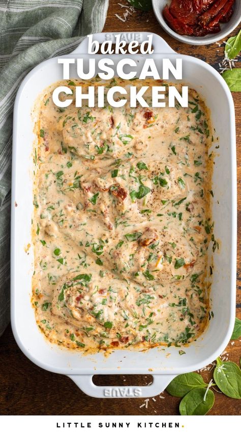 This easy recipe for Baked Tuscan Chicken turns boneless, skinless chicken breasts into a fantastic and simple one-pan low-carb dinner. Chicken Breast Meals Dinners, Chicken Breast Boneless Recipes, Chicken Breast Sheet Pan Dinner, Boneless Chicken Breast Oven, Boneless Skinless Chicken Thigh Recipes Baked, Skinless Boneless Chicken Breast Recipes, Oven Chicken Breast Recipes, One Pan Chicken Recipes, Boneless Skinless Chicken Breast Recipes Baked