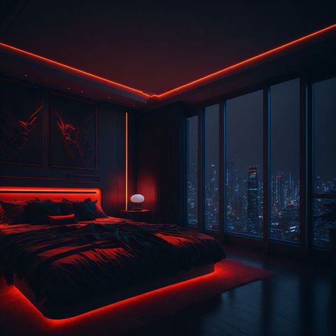 Red Heart Bedroom Aesthetic, Cyberpunk Cinematography, Black And Red Bedroom Aesthetic, Black And Red Room Aesthetic, Red Led Lights Bedroom Aesthetic, Red And Black Bedroom Ideas, Fancy Penthouse, Red Lights Bedroom, Script Dr