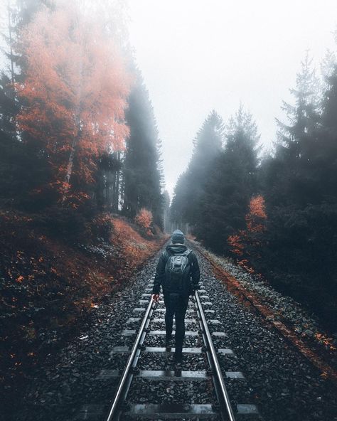 Walking On Train Tracks, Train Tracks Photography, Person Walking, Line Photography, Railroad Photography, My Good, Train Tracks, Guy Pictures, The Train