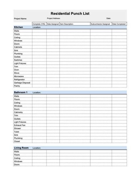 Free Punch List Templates in Excel, Word & PDF | Levelset Construction Punch List Template, Construction Material List Template, New Construction Checklist, Construction Checklist, Excel Templates Project Management, Renovation Checklist, Redo House, Hunting Checklist, Remodeling Checklist