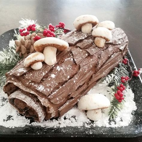 Buche de Noel/Made this for our French themed Christmas & it tasted out of this world! Very decadent! Didn't look as pretty, though. L.C. Noel Cake, Yule Log Recipe, Chocolate Yule Log, Chocolate Roll Cake, Yule Log Cake, Delicious Christmas Desserts, Log Cake, Flourless Chocolate Cakes, Yule Log