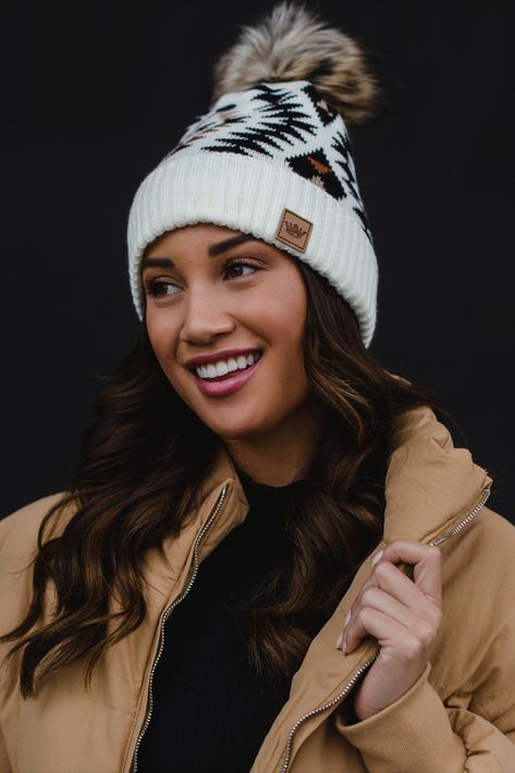 Aztec print meets winter hats in our newest pom hat! This cream, black, tan and rust tribal pattern knit hat is a fun option to spice up your fall and winter outdoor wardrobe this season. Animal Books, Pom Pom Hat, Pom Beanie, Fur Pom Pom, Aztec Print, Knit Hat, Cardigan Tops, Bottom Clothes, Winter Looks