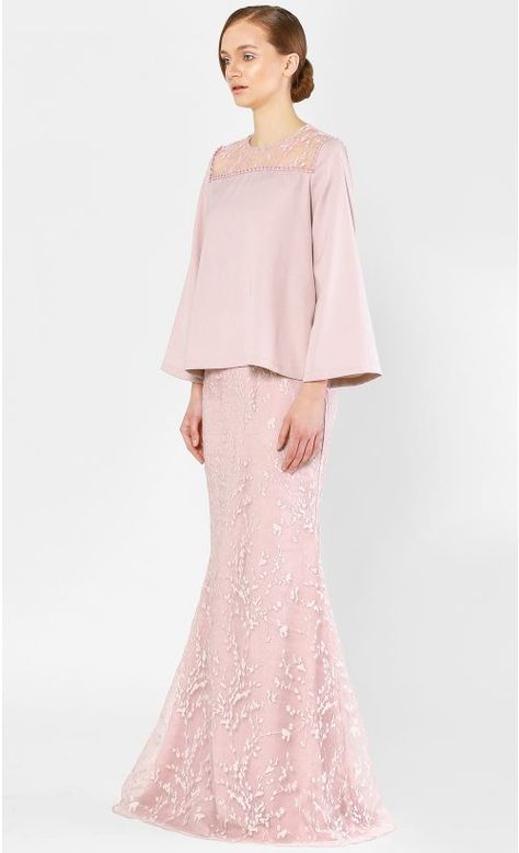 The Kurung Kedah with Full Sakura Lace in Rose | FashionValet Gaun Peplum, Kurung Lace, Malay Clothes, Kurung Modern, Baju Kahwin, Kebaya Modern Dress, Dress Pesta, Lace Dress Design, Kurung Moden