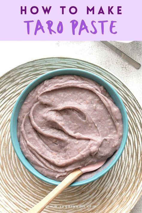 Overhead image of taro paste in blue bowl Taro Filling Recipe, Taro Dessert Recipe, Taro Recipes Desserts, Taro Pie Recipe, Taro Mochi Recipe, Taro Recipes Food, Taro Desserts, Taro Paste Recipe, Taro Bun