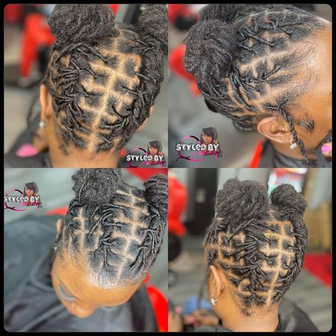 Two barrels going into two buns. #locstyles #locstylesforwomen #dreadstyles #hairbunstyle #locjourney Two Loc Buns Styles Updo, Small Dreadlocks Styles, Loc Styles Two Buns, 2 Buns With Locs, Short Loc Styles For Women Updo Bun, Two Loc Buns, Two Bun Loc Style, Two Buns Locs Hairstyle, Locs Two Buns