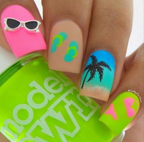 Crazy Summer Nails, Nail Designs Summer Neon, Cruise Nails, Beach Nail Art, Palm Tree Nails, Unghie Nail Art, Summer Nails Beach, Tropical Nails, Vacation Nails