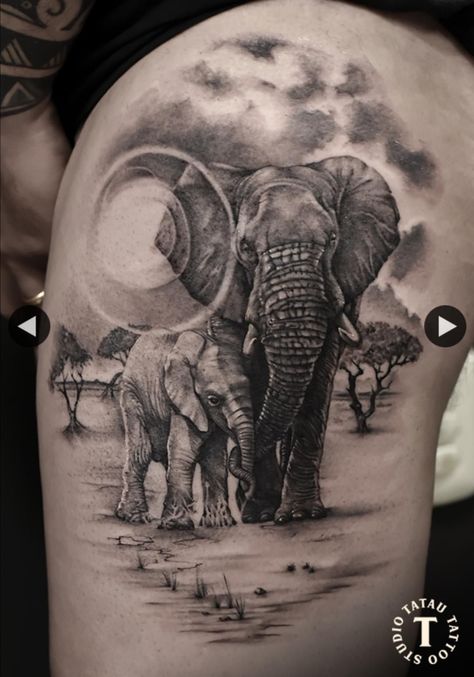 Best Elephant Tattoo, Elephant Tattoos Realism, Elephant With Baby Tattoo, Elephant And Baby Tattoo, African Animal Tattoo, Mom And Baby Elephant Tattoo, Elephant Tattoos Men, Elephant Tattoos Thigh, Realistic Elephant Tattoo