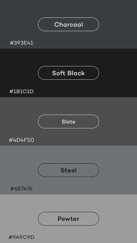 Black Brand Color Palette, Charcoal Gray Color Palette, Charcoal Colour Palette, Black And Silver Color Palette, Grey Moodboard Aesthetic, White Black Color Palette, Charcoal Color Palette, Silver Color Palette, Gray Color Palette