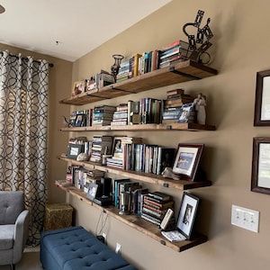 Wall Shelf Farmhouse Modern, Shelfs On Wall Space Saving Book Shelves, J Bracket Shelves, Office With Open Shelving, V Shaped Shelves Bookshelves, Floating Shelf Dining Room Farmhouse, Farmhouse Bookshelves With Family Photos, Floating Shelves Back Wall Support, Modern Farmhouse Living Room Shelf